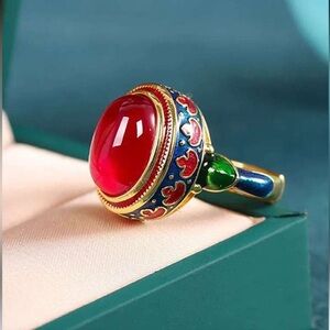 Ethnic Vintage Red Cabochon Enamel Ring